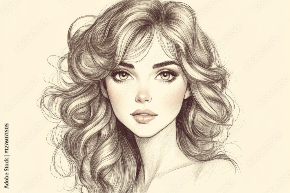 Fototapeta premium Portrait of a young woman with flowing wavy hair and expressive eyes created with detailed sketching techniques