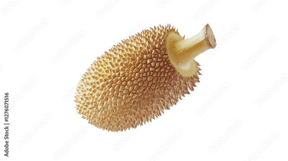 Obraz premium A tropical jackfruit with its unique spiky outer skin, falling mid-air, isolated on a white background.