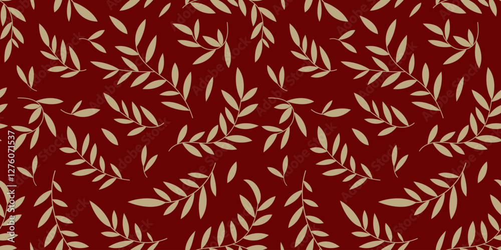 Seamless botanical pattern, abstract nature ornament: leaves silhouettes. Simple floral surface design: hand drawn small foliage, beige branches on a dark red background. Seamless botanical pattern, abstract nature ornament: leaves silhouettes. Simple floral surface design: hand drawn small foliage, beige branches on a dark red background.