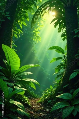 Foliage of tropical plants in a lush jungle bush with sunlight filtering through, green, jungle