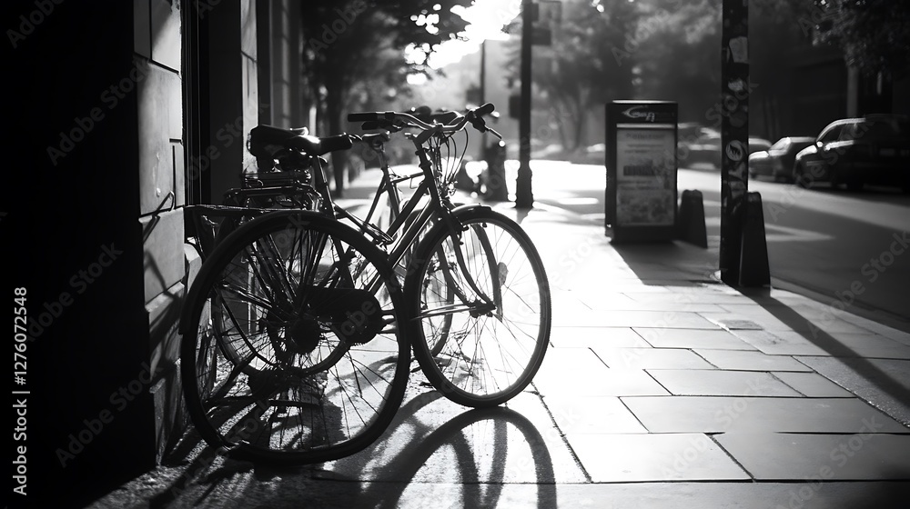 Obraz premium Bicycles Parked on City Sidewalk in Black and White Style