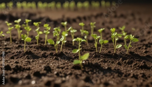 Tiny soybean sprouts in a row on a soil surface , June, agriculture