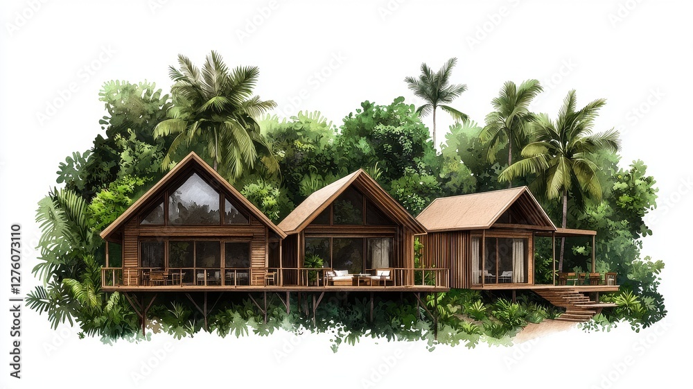 A serene, wooden house design nestled among lush greenery and palm trees, offering a perfect blend of nature and modern living. A serene, wooden house design nestled among lush greenery and palm trees, offering a perfect blend of nature and modern living.