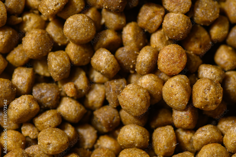 Crunchy pet food pellets scattered on a surface create a vibrant feeding display Crunchy pet food pellets scattered on a surface create a vibrant feeding display