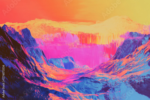 A futuristic, robotic risograph landscape with glitchy overprints, vivid electronic hues, and a layered, otherworldly terrain that appears to vibrate with energy. photo