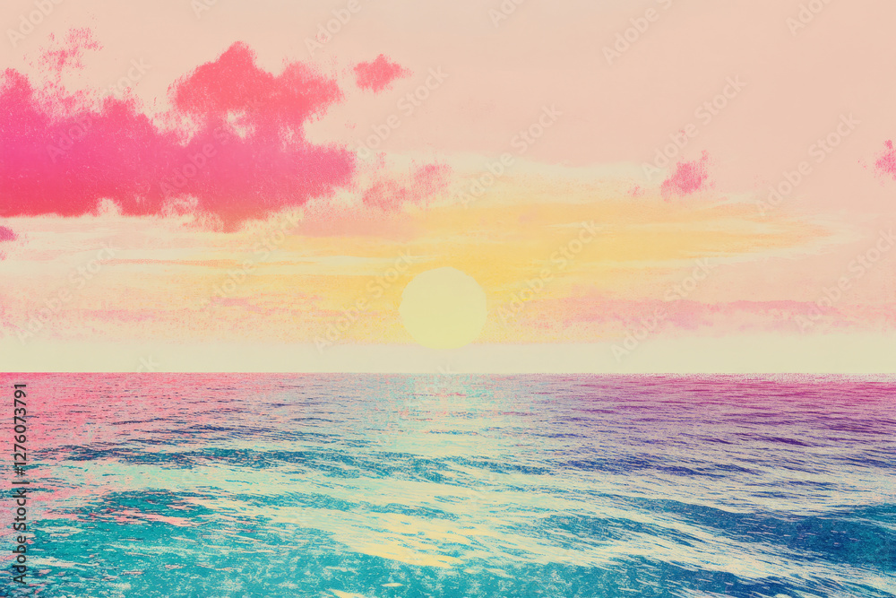 A dreamy risograph sunset over the ocean, where the water is composed of layered, textured halftones and the sky is a blend of pink, blue, and yellow hues.