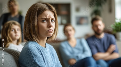 Family conflict unfolding in a living room during a family gathering. Featuring stress and emotional detachment