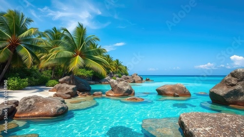 Tropical paradise pool with palm tree rocks in turquoise water, natural scenery, French Polynesia, sunset beach