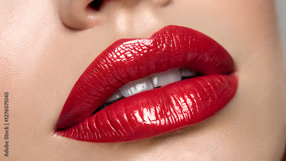 Fototapeta premium close up view of a human lips highlighting details with pink red lipstick gloss