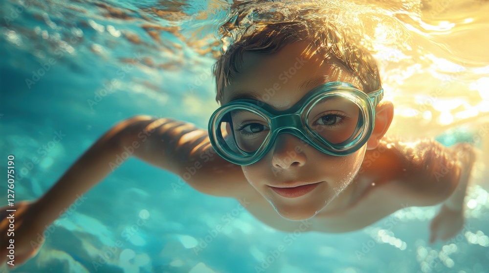 Naklejka premium boy swimming underwater with goggles