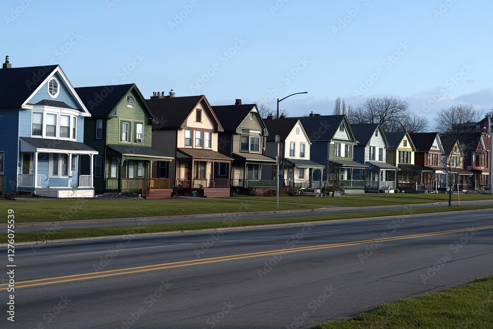 Charming Row of Colorful Houses on Tree-Lined Street, Suburban Neighborhood Homescape in Residential Area Charming Row of Colorful Houses on Tree-Lined Street, Suburban Neighborhood Homescape in Residential Area
