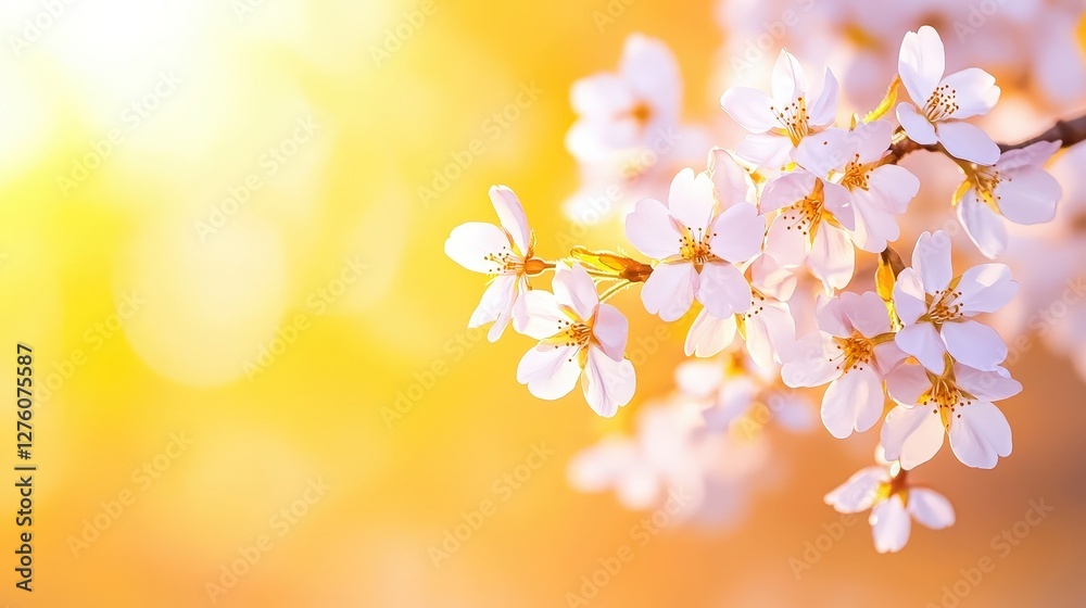 Obraz premium A soft-focus image of delicate cherry blossoms illuminated by warm sunlight, creating a serene and tranquil atmosphere.