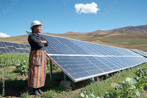 black female worker engineer in uniform is near solar panels