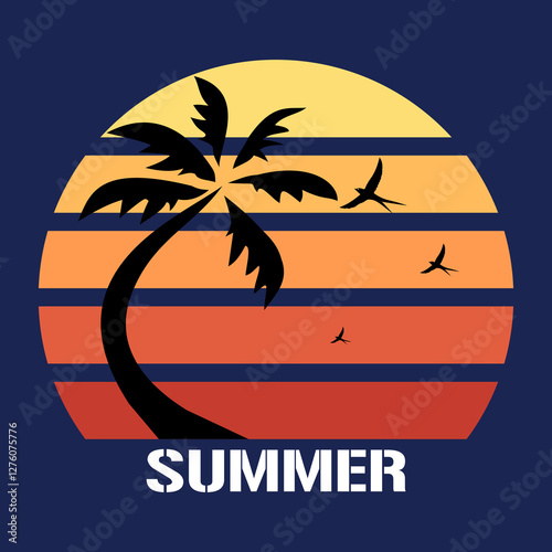 Summer tropical  banner with palm tree silhouette and gradient background