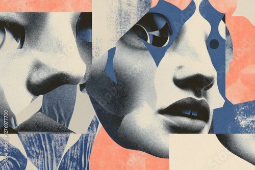 A collage of surreal human faces in a fragmented risograph style, with overlapping distorted features, bold halftone textures, and abstract shapes adding depth.