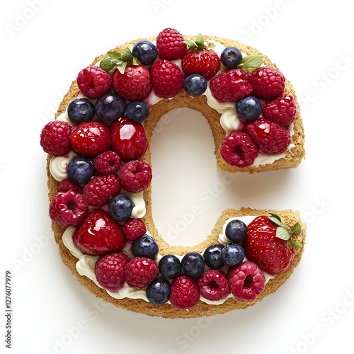 Delicious letter C cake adorned with juicy raspberries, blueberries, and strawberries! photo