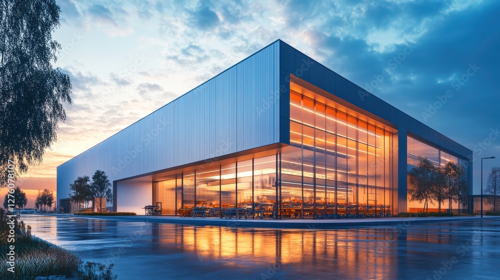 A modern architectural structure with large glass windows, illuminated by a sunset, reflecting on a wet surface. A modern architectural structure with large glass windows, illuminated by a sunset, reflecting on a wet surface.