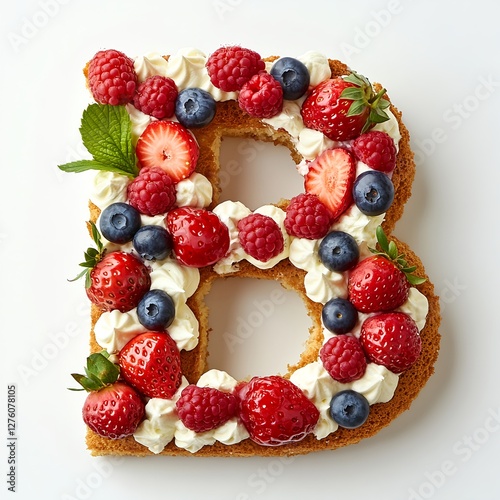 Delicious letter B cake adorned with fresh strawberries, raspberries, and blueberries! photo