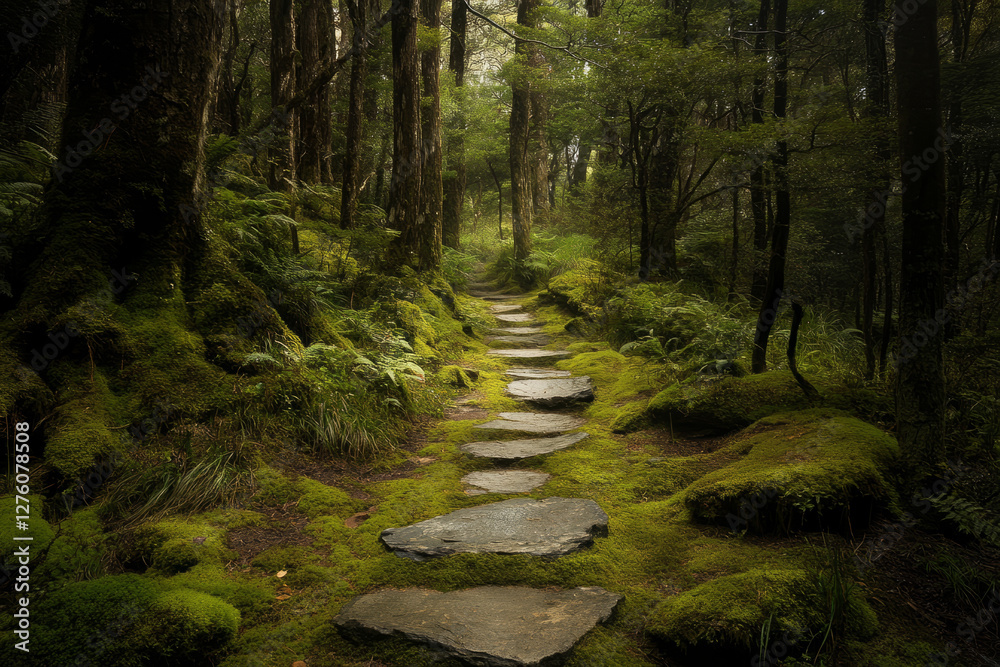 Obraz premium A lush, moss-covered stone pathway winding through a quiet, ancient forest bathed in dappled light.
