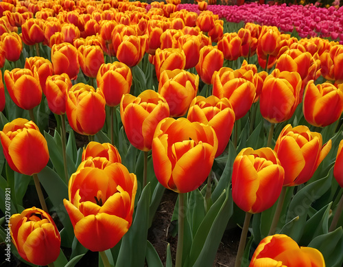 The colorful flowers of tulips, spring season, field of gorgeous yellow tulips.