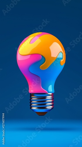 Colorful light bulb with paint on it, isolated on a blue background, mobile phone wallpaper.