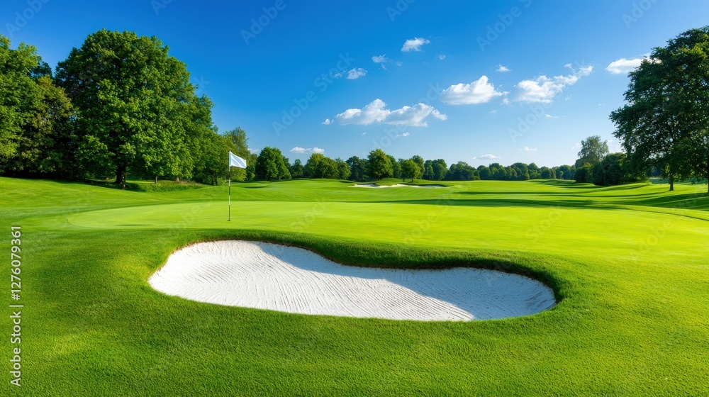A serene golf course scene featuring a sand trap surrounded by lush green grass and clear blue skies. A serene golf course scene featuring a sand trap surrounded by lush green grass and clear blue skies.