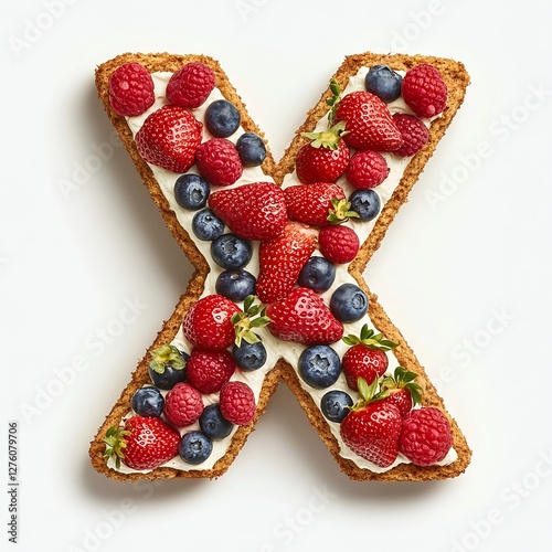 Delicious X-shaped cake adorned with fresh strawberries, raspberries, and blueberries! photo