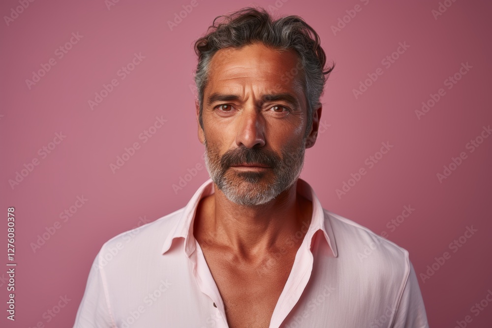A man with a beard and gray hair is wearing a pink shirt A man with a beard and gray hair is wearing a pink shirt