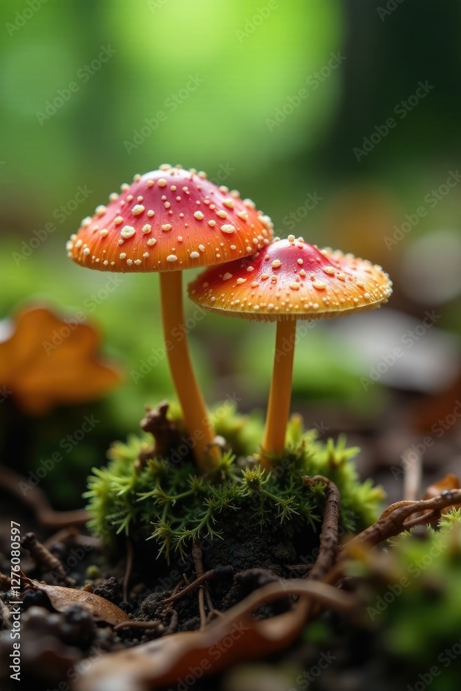 Obraz premium Delicate mushroom caps peek through leaf litter, small growth, nature, leaf litter