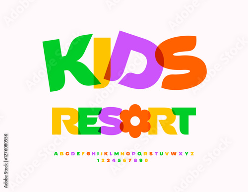 Vector Artistic sign Kids Resort with Cute Flower. Trendy Watercolor Font. Stylish Colorful Alphabet Letters and Numbers set.