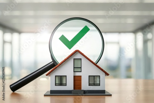 Model House Under Magnifying Glass with Green Checkmark on Wooden Table