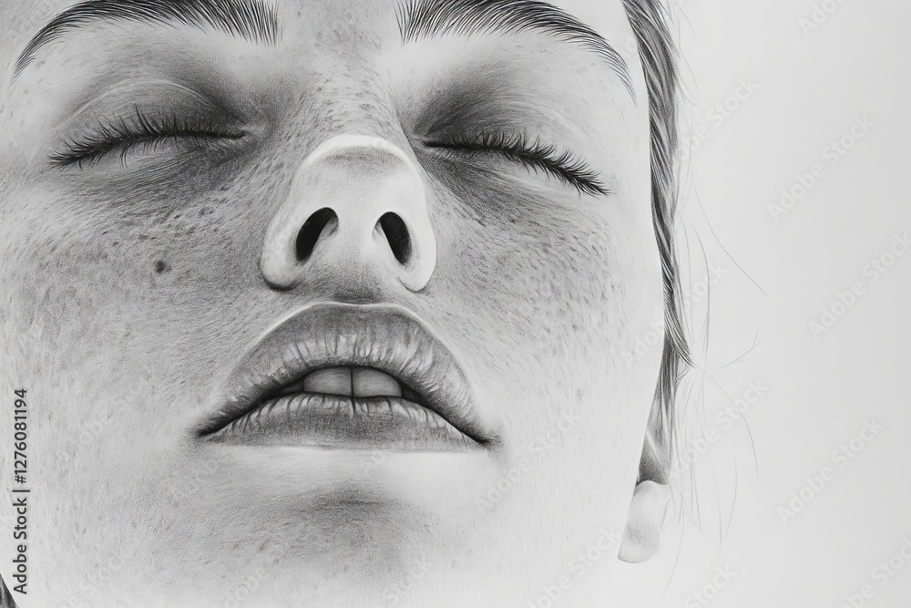 Obraz premium Close-up portrait showcasing the serene expression and detailed features of a young person in natural light