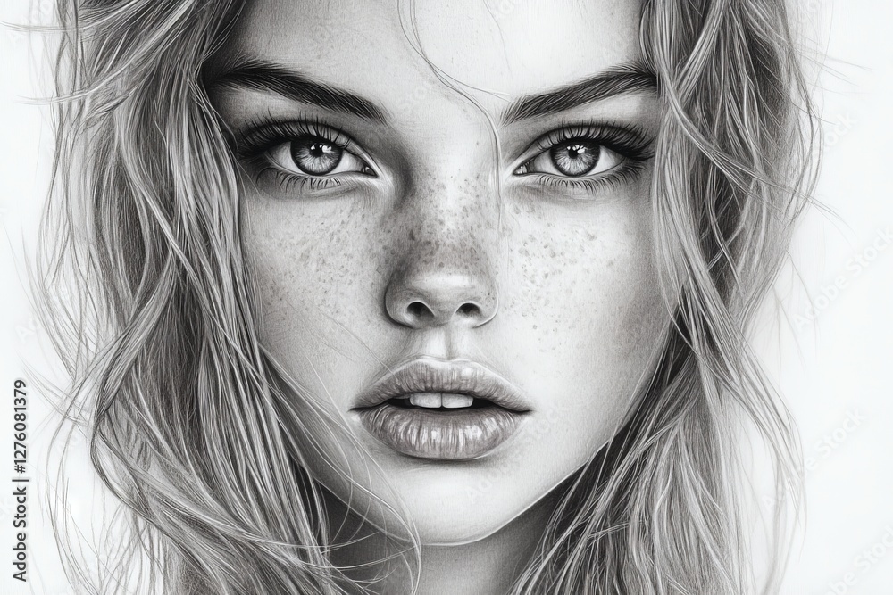 Detailed black and white portrait of a young woman with freckles and flowing hair at an artistic studio Detailed black and white portrait of a young woman with freckles and flowing hair at an artistic studio