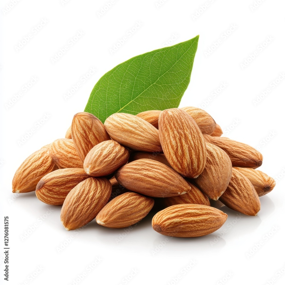 Fresh Almonds with Green Leaf, Close-Up Studio Shot. Fresh Almonds with Green Leaf, Close-Up Studio Shot.