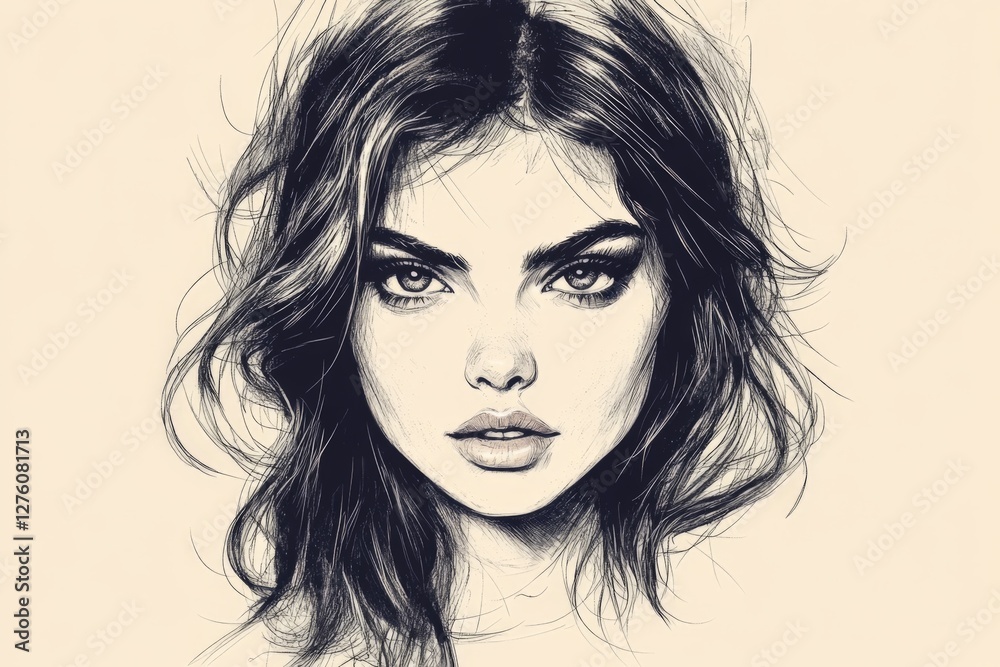 Naklejka premium Sketch of a young woman with flowing hair and striking features, showcasing artistic talent and portraiture skills