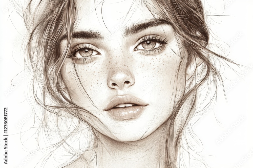 Beautiful portrait of a young woman with freckles and soft features captured in delicate pencil sketch style Beautiful portrait of a young woman with freckles and soft features captured in delicate pencil sketch style