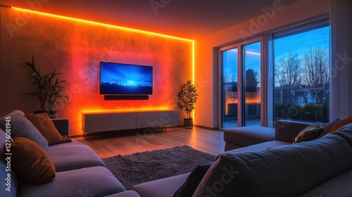Modern living room, LED lighting, evening view