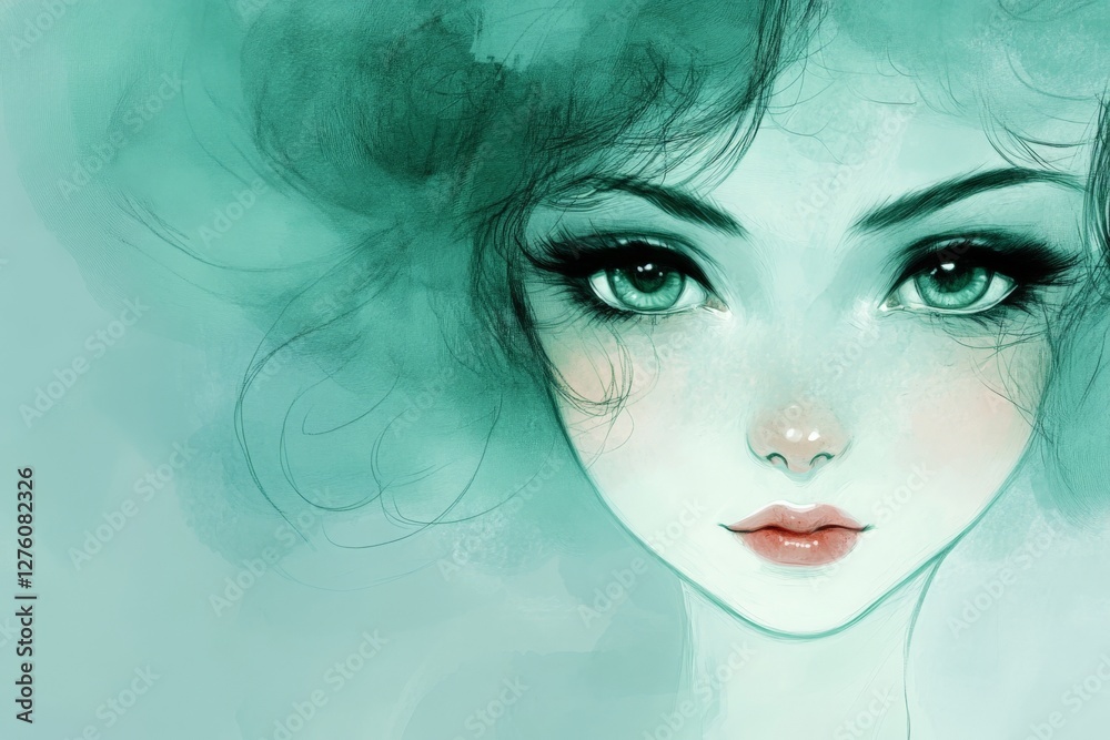 Fototapeta premium Woman with green hair and captivating eyes surrounded by soft teal colors