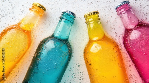 Colorful assortment of fizzy beverages in glass bottles with condensation against a white background
