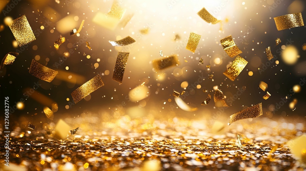 Naklejka premium Golden Confetti Falling On Glittering Surface