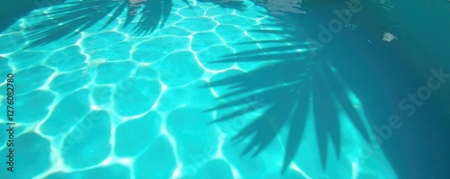 Palm leaves cast dappled shadows on the pool's surface, summer, dappled, abstract