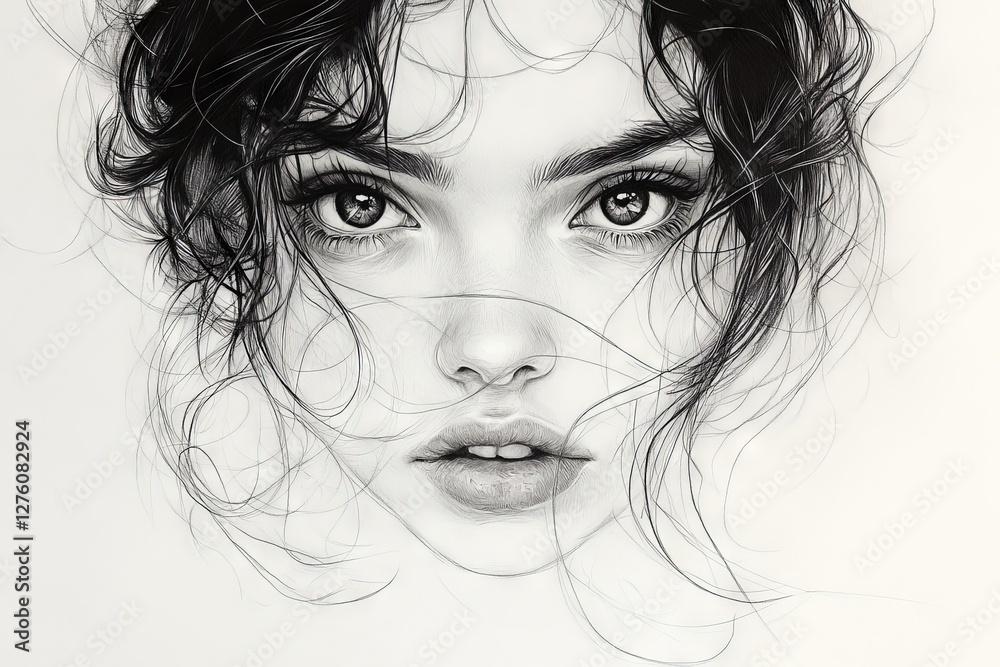 Naklejka premium Detailed portrait of a young woman with expressive eyes and flowing hair showcasing artistic realism and depth