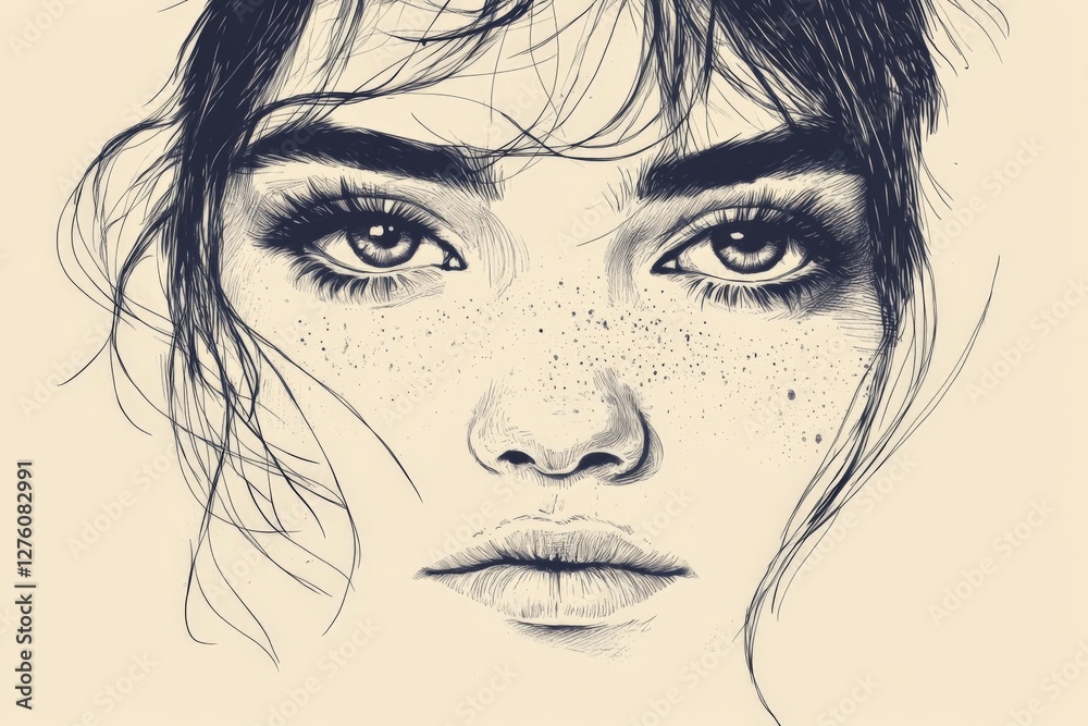 Obraz premium Detailed sketch of a young woman's face with striking features and freckles in monochrome tones