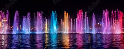 The Bellagio Fountains in Las Vegas performing a spectacular water show with vibrant lights