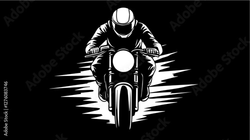 Black and white illustration of a sports motorcycle. Moto racer. Motorcyclist. Riding a motorcycle.