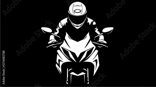 Black and white illustration of a sports motorcycle. Moto racer. Motorcyclist. Riding a motorcycle.