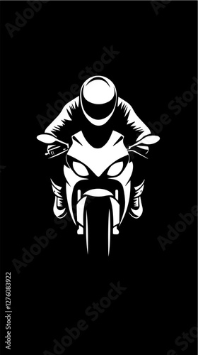 Black and white illustration of a sports motorcycle. Moto racer. Motorcyclist. Riding a motorcycle.