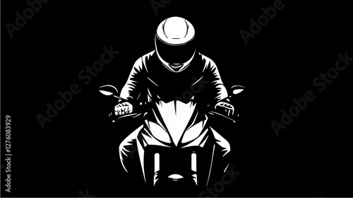 Black and white illustration of a sports motorcycle. Moto racer. Motorcyclist. Riding a motorcycle.