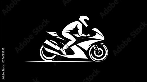 Black and white illustration of a sports motorcycle. Moto racer. Motorcyclist. Riding a motorcycle.