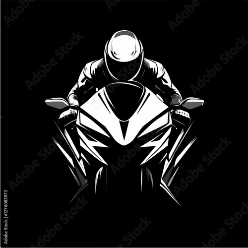 Black and white illustration of a sports motorcycle. Moto racer. Motorcyclist. Riding a motorcycle.